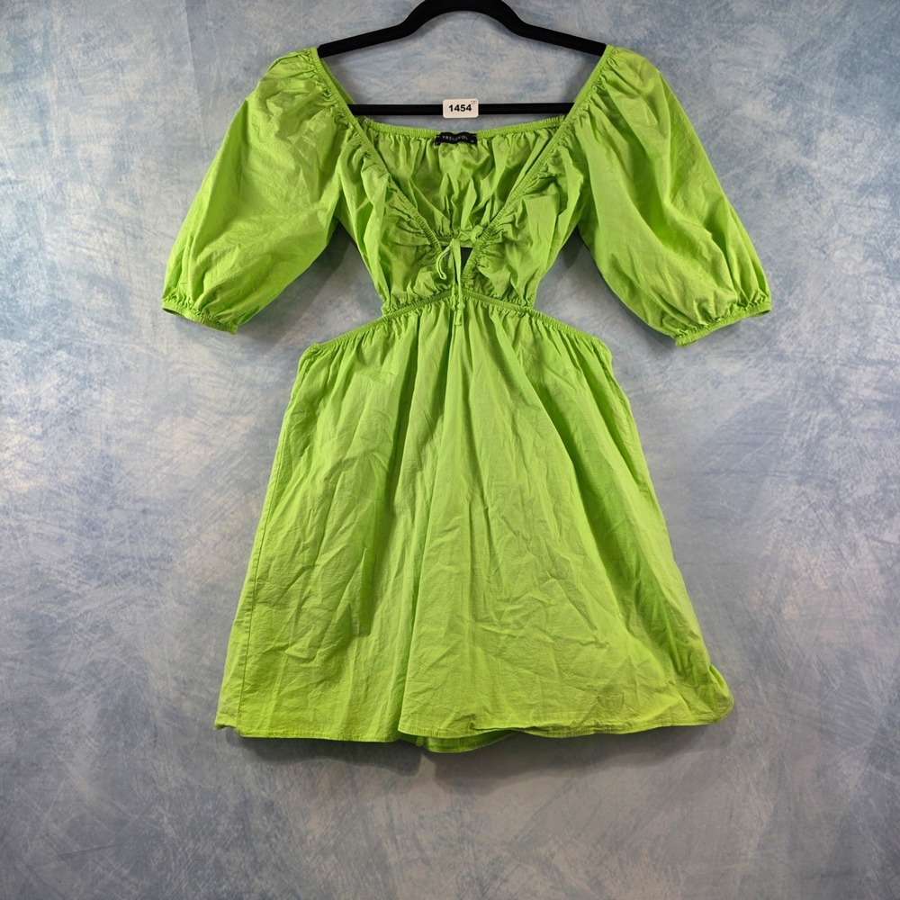 Trendyol Womens‎ Lime Green Cut Out Mini Dress Puff Sleeve Tie Front Size 34